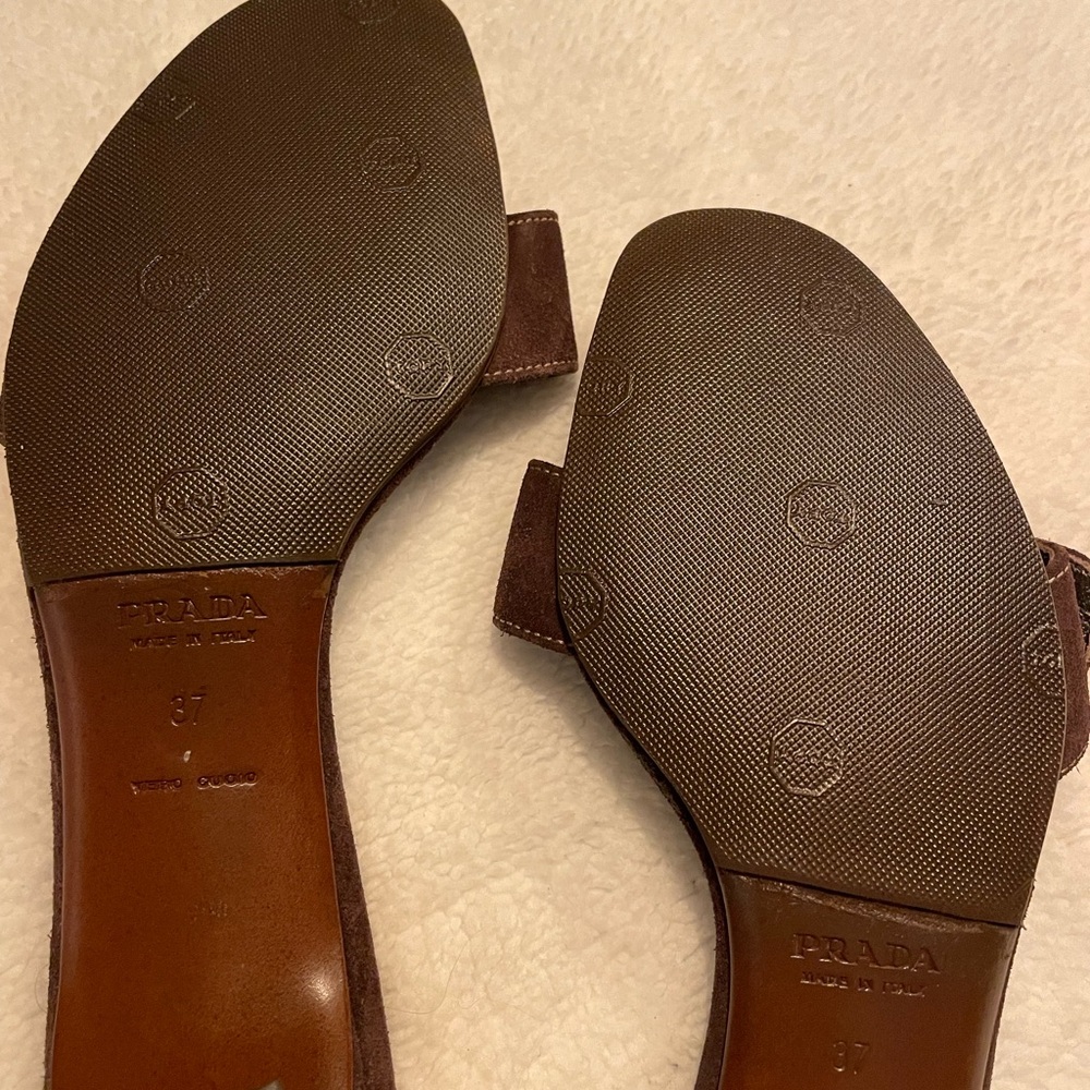 Prada Low Mule Heel Silver Hardware Grommet Brown Suede Sandal Size EU 37 EUC! - Picture 2 of 5